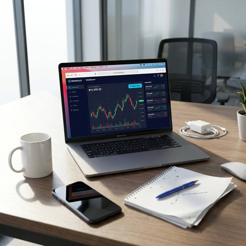 The Nimwold dashboard open on a laptop, showing a candlestick chart, a portfolio balance and an AI buy signal beside a crypto watchlist