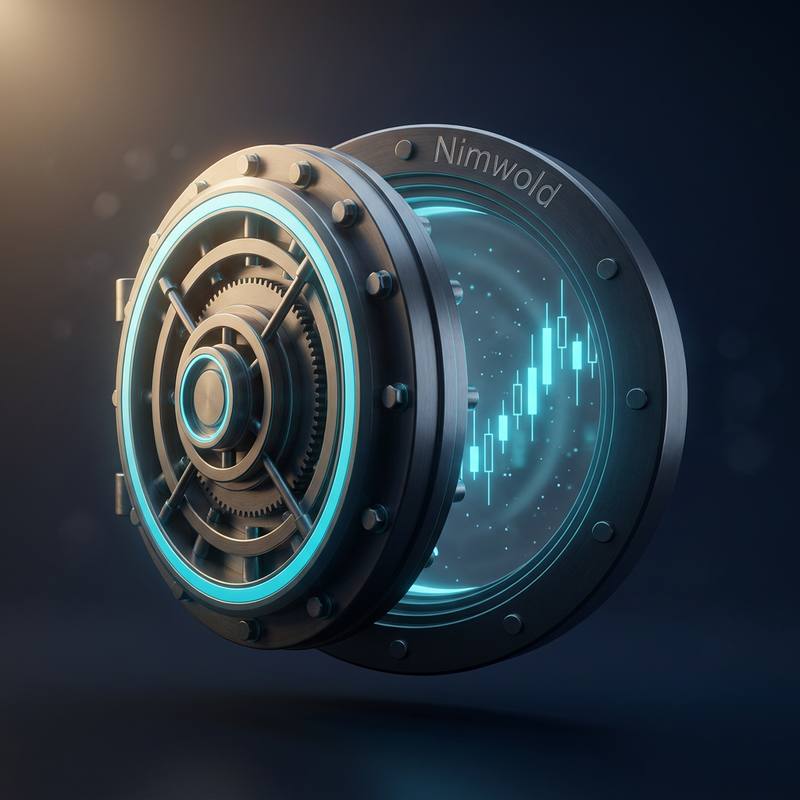 The Nimwold vault door standing part open, revealing a glowing cyan candlestick chart inside