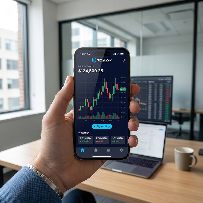 A hand holding a phone running the Nimwold app, showing a portfolio balance, a candlestick chart, an AI buy signal and a BTC, ETH and SOL watchlist in an office